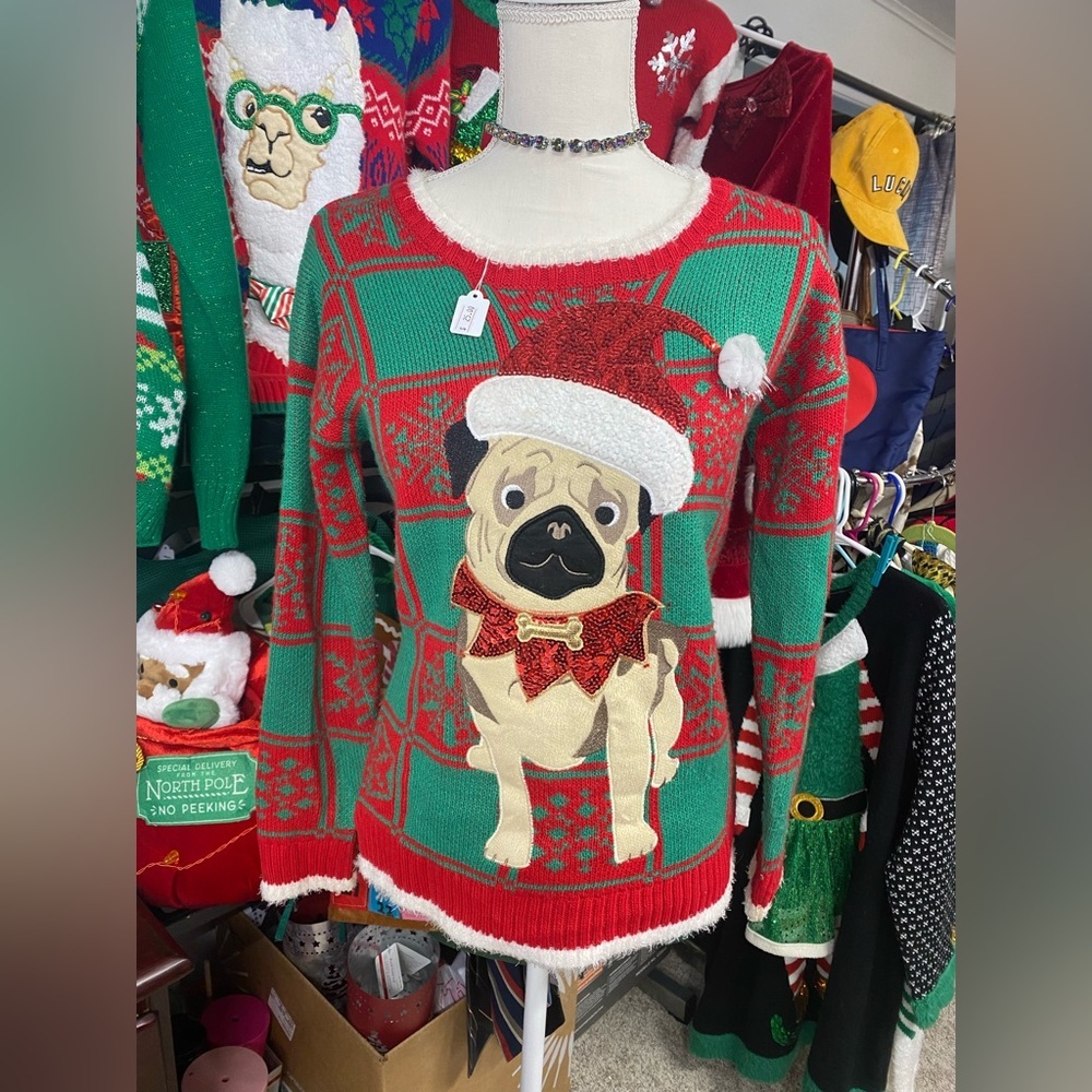 Ugly Christmas Sweater Glitter Pug